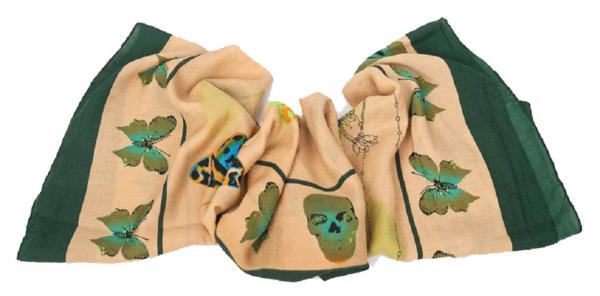 Damen Tuch Groß Viskose 130X130 cm Grün Khaki Schmetterling Totenkopf